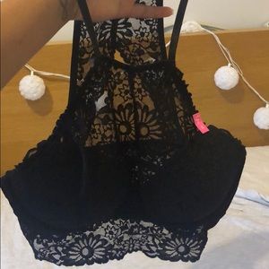 PINK black lace halter bralette